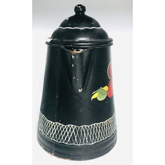 Vintage Tole Painted Coffee Pot Red Blue Flower Toleware Metalware Floral Black - Picture 3 of 6